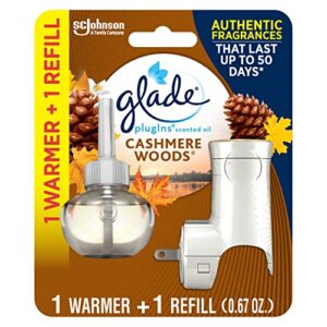 glade plugins refills air freshener starter kit, scented oil for home and bathroom, cashmere woods, 0.67 fl oz, 1 warmer + 1 refill