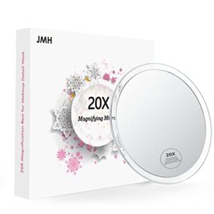jmh 20x magnifying mirror with 3 suction cups for easy mounting– use for makeup application – tweezing – and blackhead/blemish removal, 6 inch