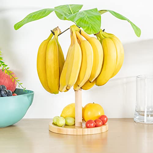 Yanbgaga Banana Holder Wood,Modern Banana Hanger Tree Stand with Bamboo tray for Kitchen&Living room&bathroom Countertop,Iron Banana Hook Stand for Storage Fruit、Earphone、Keys、Trinkets、etc.