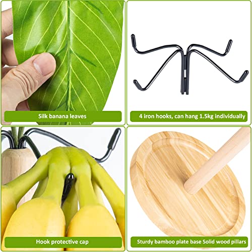 Yanbgaga Banana Holder Wood,Modern Banana Hanger Tree Stand with Bamboo tray for Kitchen&Living room&bathroom Countertop,Iron Banana Hook Stand for Storage Fruit、Earphone、Keys、Trinkets、etc.