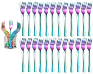 rainbow silverware fork set of 24 pieces, iridescent stainless steel flatware with organizer, 6.8 inch dinner forks, colorful cutlery utensils for home kitchen and outdoor, mirror polished tableware