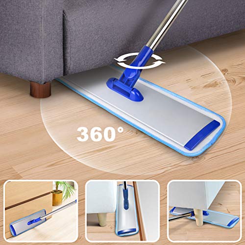 18" Professional Microfiber Mop Floor Cleaning System, Flat Mop with Stainless Steel Handle, 4 Reusable Washable Mop Pads, Wet and Dust Mopping for Hardwood, Vinyl, Laminate, Tile Cleaning