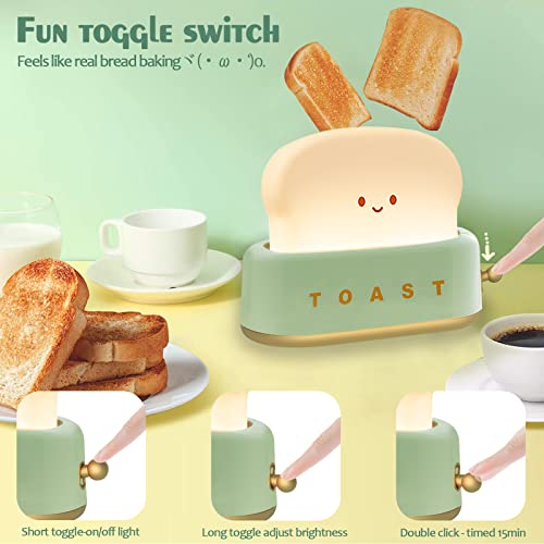 QANYI Desk Decor Toaster Lamp, Rechargeable Small Lamp with Smile Face Toast Bread Cute Toaster Shape Room Decor Night Light for Bedroom, Bedside, Living Room, Dining, Desk Decorations, Gift (Green)