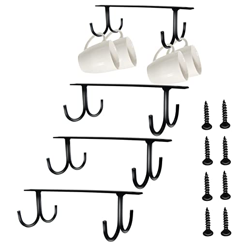 Mug Rack Under Cabinet 4 Pack,Thickened 5mm Metal Coffee Mug Holder Under Shelf with 16 Big Hooks for All Cups,Heavy Duty Coffee Cup Holder,Multifunctional Coffee Cup Rack