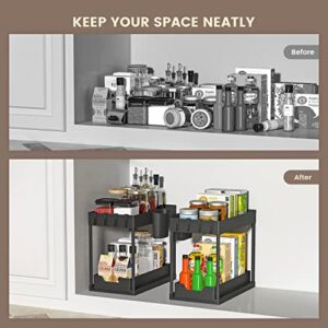 Under Sink Organizers and Storage, 2 Pack Under Cabinet Organizer with 1 Shelf Liner, 8 Hooks, 2 Hanging Cups, Multi-Purpose Slide-Out Storage Baskets Shelf for Bathroom Kitchen Living Room