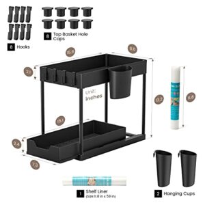 Under Sink Organizers and Storage, 2 Pack Under Cabinet Organizer with 1 Shelf Liner, 8 Hooks, 2 Hanging Cups, Multi-Purpose Slide-Out Storage Baskets Shelf for Bathroom Kitchen Living Room