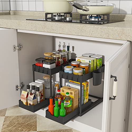 Under Sink Organizers and Storage, 2 Pack Under Cabinet Organizer with 1 Shelf Liner, 8 Hooks, 2 Hanging Cups, Multi-Purpose Slide-Out Storage Baskets Shelf for Bathroom Kitchen Living Room