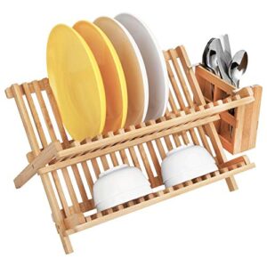senich foldable bamboo dish drying rack with utensil holder, 2-tier bamboo cutlery plate rack for countertop, wooden plate rack, 100% natural bamboo, suitable for kitchen counter