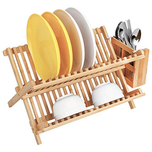 Senich Foldable Bamboo Dish Drying Rack with Utensil Holder, 2-Tier Bamboo Cutlery Plate Rack for Countertop, Wooden Plate Rack, 100% Natural Bamboo, Suitable for Kitchen Counter