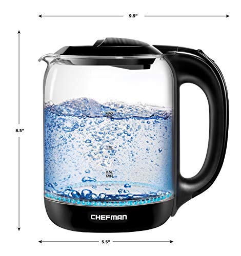 Chefman 1.7 Liter Electric Glass Tea Kettle, Fast Hot Water Boiler, One Touch Operation, Boils 7 Cups, Swivel Base & Cordless Pouring, Auto Shut-Off