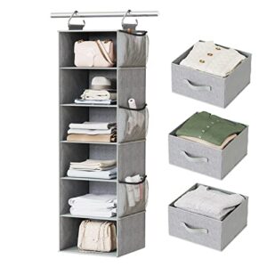 pipishell hanging closet organizer 6-shelf, hanging shelves for closet with 3 removable drawers & side pockets, hanging shelf organizer for bedroom or garment rack, 12” x 12” x 43.3”, dark gray