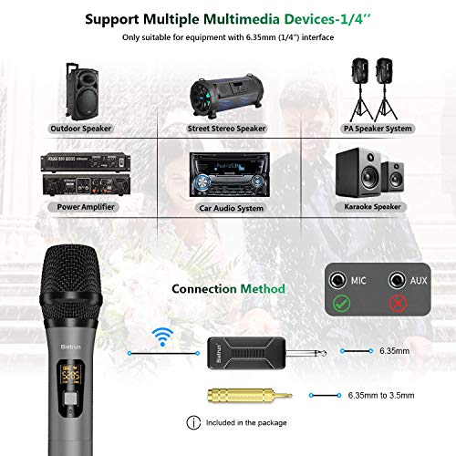 Wireless Microphone, Bietrun UHF Metal Dual Handheld Cordless Dynamic Mic System with Rechargeable Receiver, 1/4‘’Output, for Karaoke, Church, Speech, Wedding, Party Singing(160 ft Range)-Auto Connect