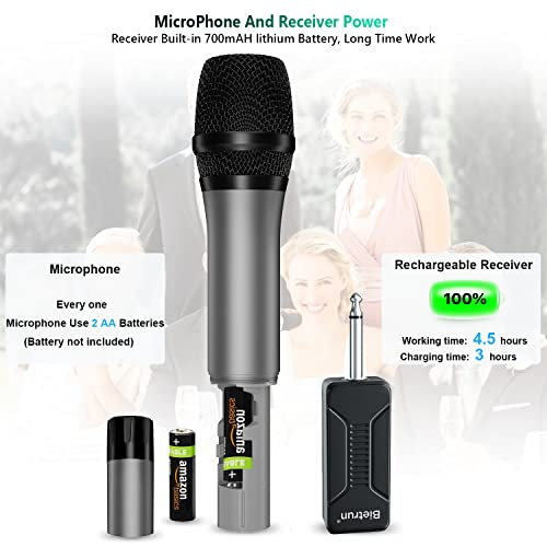 Wireless Microphone, Bietrun UHF Metal Dual Handheld Cordless Dynamic Mic System with Rechargeable Receiver, 1/4‘’Output, for Karaoke, Church, Speech, Wedding, Party Singing(160 ft Range)-Auto Connect