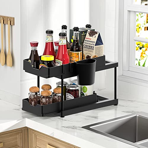 2-Tier Under Sink Organizer, Double Sliding Cabinet Storage Drawer, Storage Pull For Home Bathroom Kitchen Pantry Office, with 4 Hooks 2 Hanging Cups 4 Dividers 4 Non-Slip Feet