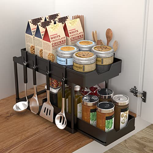 2-Tier Under Sink Organizer, Double Sliding Cabinet Storage Drawer, Storage Pull For Home Bathroom Kitchen Pantry Office, with 4 Hooks 2 Hanging Cups 4 Dividers 4 Non-Slip Feet