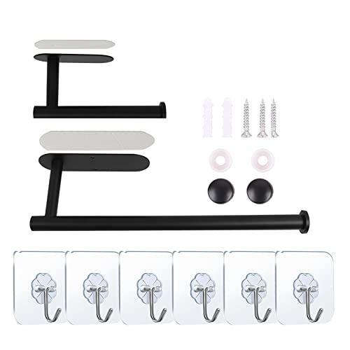 Paper Towel Holder Under Cabinet + Toilet Paper Holder Stand + 6Pack Adhesive Hooks for Hanging, TintJungle Black Stainless Steel Paper Towel Holder Wall Mount/Stick on with Toilet Paper Holder 2Pack