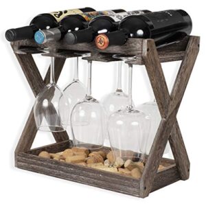 rustic state cava countertop solid wood wine rack for 4 bottles and 6 stemware glass holder cork storage tabletop tray freestanding organizer – home, kitchen, dining room bar décor – walnut