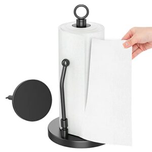 paper towel holder stainless steel – one hand tear paper towel dispenser standing weighted base non slip, spring arm, stainless steel paper towel fits in kitchen bathroom countertop black