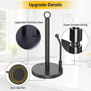 Paper Towel Holder Stainless Steel - One Hand Tear Paper Towel Dispenser Standing Weighted Base Non Slip, Spring Arm, Stainless Steel Paper Towel fits in Kitchen Bathroom Countertop Black