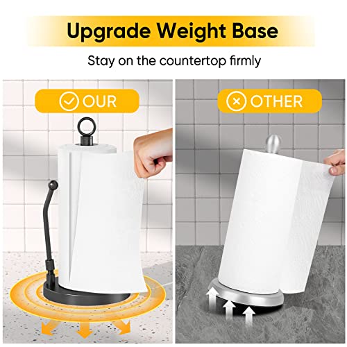 Paper Towel Holder Stainless Steel - One Hand Tear Paper Towel Dispenser Standing Weighted Base Non Slip, Spring Arm, Stainless Steel Paper Towel fits in Kitchen Bathroom Countertop Black