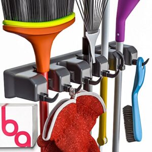 berry ave broom holder & wall mount garden tool organizer – home laundry room, kitchen, closet, shed, garage organization and storage utility rack – 5 slots & 6 hooks -rake, shovel, mop hanger (black)