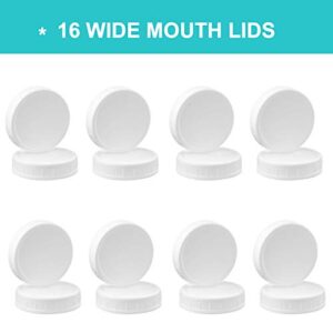 WIDE Mouth Mason Jar Lids [16 Pack] for Ball, Kerr and More - White Plastic Storage Caps for Mason/Canning Jars - Leak-Proof