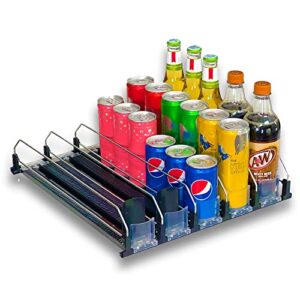 drink beverage organizer, automatic self-pusher glide, fridge beverage organizer, adjustable width, soda can water beer bottle dispenser, 12oz 16oz 20oz, home kitchen, commercial refrigerator (black)