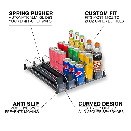 Drink Beverage Organizer, Automatic Self-Pusher Glide, Fridge Beverage Organizer, Adjustable Width, Soda Can Water Beer Bottle Dispenser, 12oz 16oz 20oz, Home Kitchen, Commercial Refrigerator (Black)