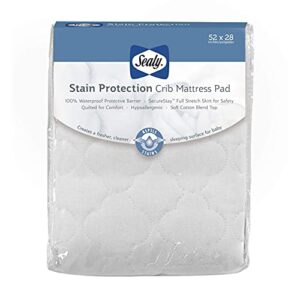 sealy stain protection waterproof fitted toddler bed and baby crib mattress pad cover protector, noiseless, machine washable and dryer friendly 52″ x 28″ – white