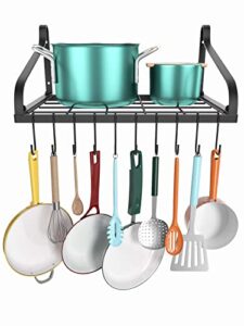 pots and pans organizer – mudeela hanging pot rack with 10 hooks wall mounted pot pan rack, kitchen wall shelves for cookware, 2 diy methods, ideal for pots set, utensils, cookware