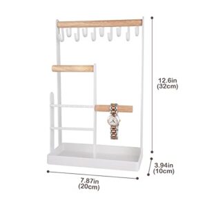 ProCase Jewelry Organizer Stand Necklace Holder, 4-Tier Jewelry Tower Rack with Earring Tray and Holes, 10 Hooks Necklaces Hanging Storage Tree Display for Bracelets Watches Earrings Rings -White