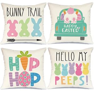 geeory easter pillow covers 18×18 set of 4 easter decorations for home bunny truck hello peeps hip hop pillows easter decorative throw pillows spring easter farmhouse decor