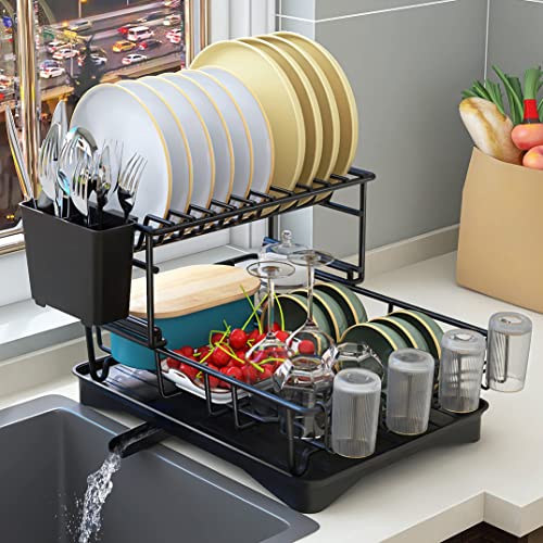 PINNIYOU Dish Drying Rack with Drainboard Set, 2 Tier Large Dish Racks with Drainage, Wine Glass Holder, Utensil Holder, Dish Drainers for Kitchen Counter (Black)