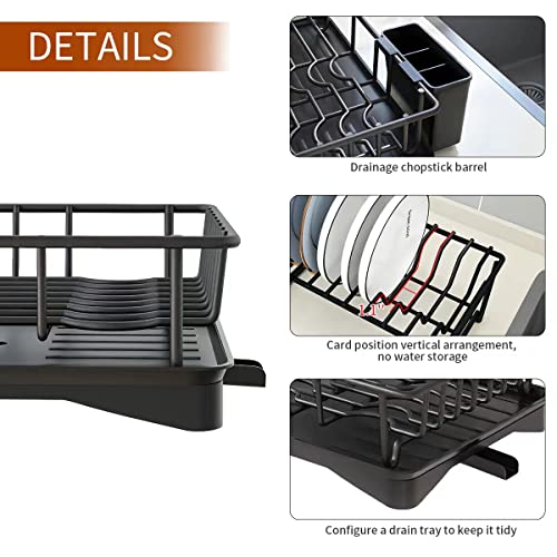 PINNIYOU Dish Drying Rack with Drainboard Set, 2 Tier Large Dish Racks with Drainage, Wine Glass Holder, Utensil Holder, Dish Drainers for Kitchen Counter (Black)