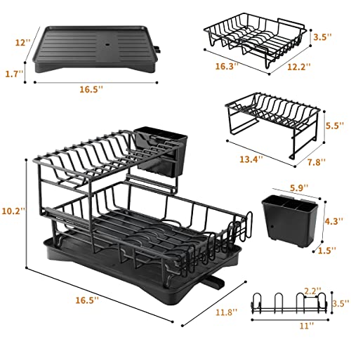 PINNIYOU Dish Drying Rack with Drainboard Set, 2 Tier Large Dish Racks with Drainage, Wine Glass Holder, Utensil Holder, Dish Drainers for Kitchen Counter (Black)