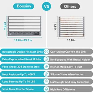 BOOSINY Roll Up Dish Drying Rack, Over The Sink Dryer Rack for Kitchen Counter (12.8"-23.3" x 12.8"), Expandable 304 Stainless Steel Dish Drainer for Inside Sink, Sink Cover with Utensil Holder