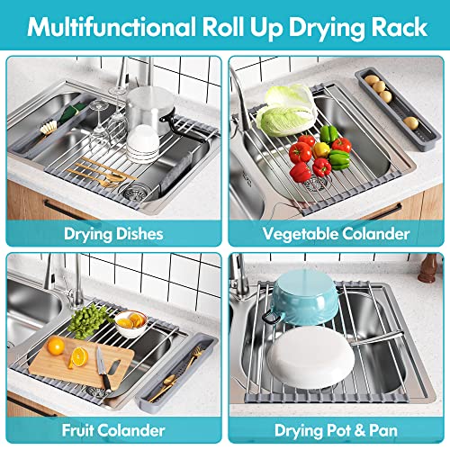 BOOSINY Roll Up Dish Drying Rack, Over The Sink Dryer Rack for Kitchen Counter (12.8"-23.3" x 12.8"), Expandable 304 Stainless Steel Dish Drainer for Inside Sink, Sink Cover with Utensil Holder