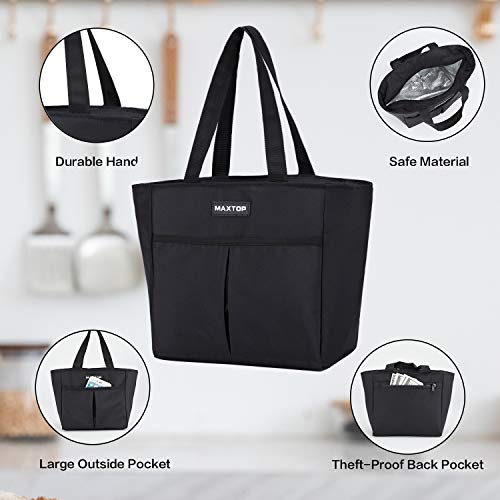 MAXTOP Lunch Bags for Women,Insulated Thermal Lunch Tote Bag,Lunch Box with Front Pocket for Office Work Picnic Shopping (Black, Medium)