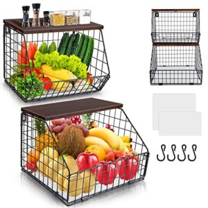 mefirt fruit basket, enlarged 2-tier kitchen organization wire basket with wood lid, stackable wall-mounted & countertop tiered storage baskets for potato storage, onion storage, snack onganizer etc