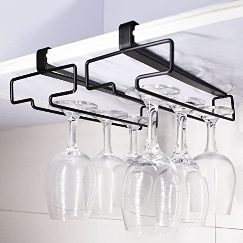 Vanktion Shelf Wine Glass Holder Hanging Wine Stemware Rack Under Cabinet Glasses Hanging Organizer for Bookshelf Open Pantry Kitchen Cabinets No Drill Easy to Install (Black, 2)