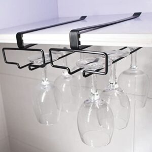 Vanktion Shelf Wine Glass Holder Hanging Wine Stemware Rack Under Cabinet Glasses Hanging Organizer for Bookshelf Open Pantry Kitchen Cabinets No Drill Easy to Install (Black, 2)