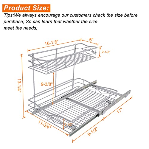 TQVAI Pull Out Cabinet Organizer, 2 Tier Under Sink Storage Shelf with Sliding Drawer, Wire Kitchen Slide Out Basket - 11.75W x 17D x 13.25H, Request at Least 12.5 Inch Cabinet Opening