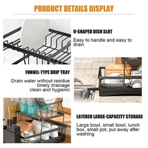 7 code 3-Tier Large Dish Racks for Kitchen Counter,Dish Drying Rack,Detachable Large Capacity Dish Drainer Organizer with Utensil Holder, Cup Holder,Dish Drying Rack with Drain Board ,Black