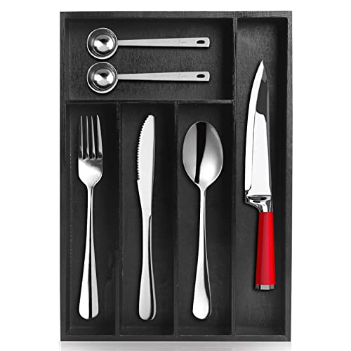 Ayiaren Black Wooden Utensil Tray Best Cutlery Kitchen Drawer Divider Organizer Flatware Tray Wood Cutlery Silverware Drawer Inserts Bamboo Spoon Utensils Storage Organizer