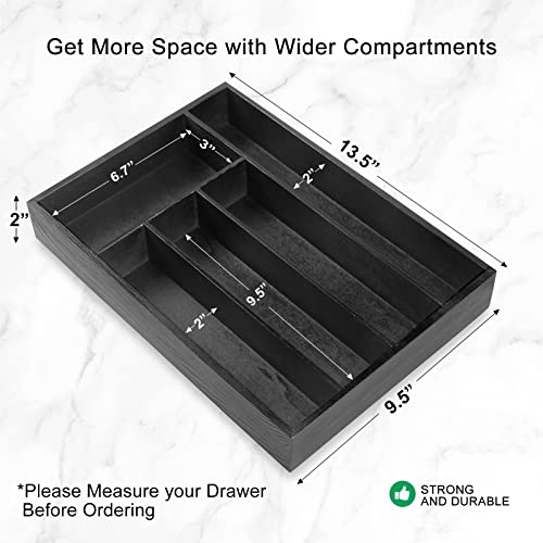 Ayiaren Black Wooden Utensil Tray Best Cutlery Kitchen Drawer Divider Organizer Flatware Tray Wood Cutlery Silverware Drawer Inserts Bamboo Spoon Utensils Storage Organizer