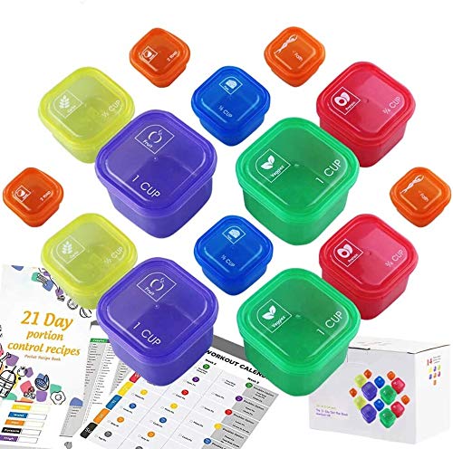 GOANDWELL Portion Control Container and Food Plan Double Set (14-Pieces) - 21 Day Portion Control Container Kit for Weight Loss - 21 Day Tally Chart with e-Book