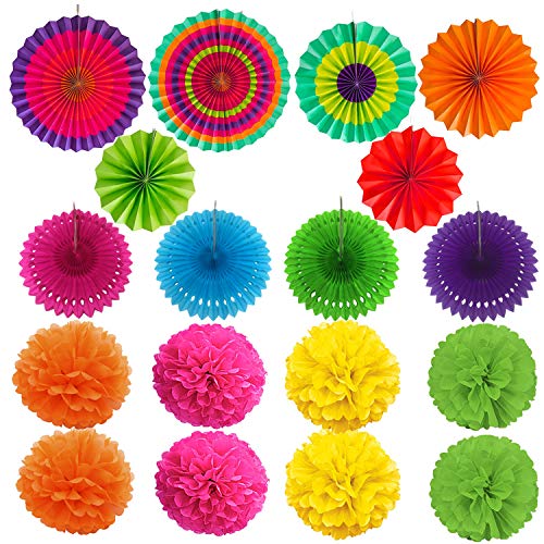 ZERODECO Party Decoration, 21 Pcs Multi-color Hanging Paper Fans, Pom Poms Flowers, Garlands String Polka Dot and Triangle Bunting Flags for Birthday Parties, Wedding Décor, Fiesta or Mexican Party