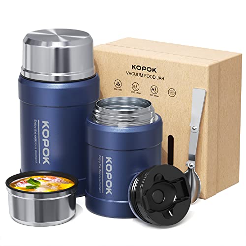 KOPOK Thermoses for hot food, soup thermoses, Insulated food Jar container for hot cold food, Stainless Steel Vacuum Lunch Box for Kids Adult with Spoon for Office Travel Outdoors (Blue(2 Pack))