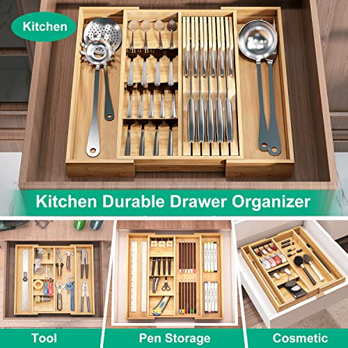 kiplant Bamboo Kitchen Drawer Organizer, Expandable Cutlery Tray Silverware Organizer with Large Knife Blocks for Silverware, Flatware, Knives, Utensil Organizer for Kitchen Drawers