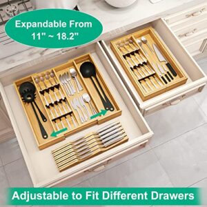 kiplant Bamboo Kitchen Drawer Organizer, Expandable Cutlery Tray Silverware Organizer with Large Knife Blocks for Silverware, Flatware, Knives, Utensil Organizer for Kitchen Drawers